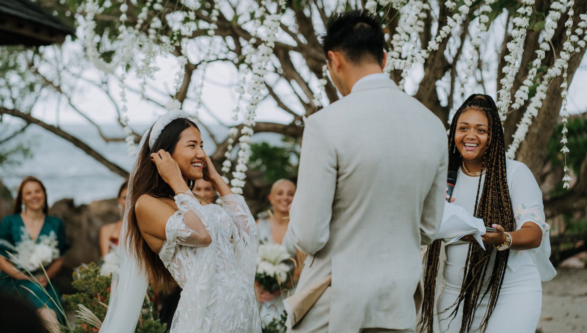 Bride smiling during wedding ceremony